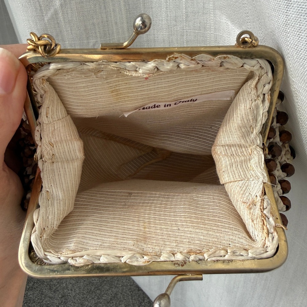 Vintage‎ Beaded Clutch Bag Raffia Crochet Chain Strap Made in Italy Evening Bag - Picture 6 of 10